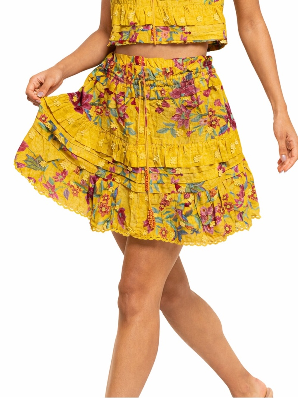 FARM Rio Yellow Floral Tiered Mini Dream‎ Skirt Small Boho Ruffle Eyelet Small